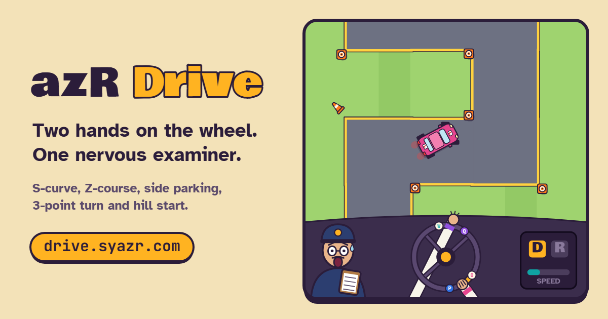 A learner car swinging round a corner in a driving test yard