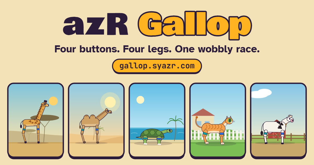 Five cartoon animals ready to race
