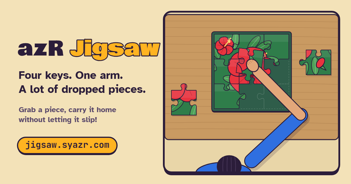A hand carrying a jigsaw piece across a table