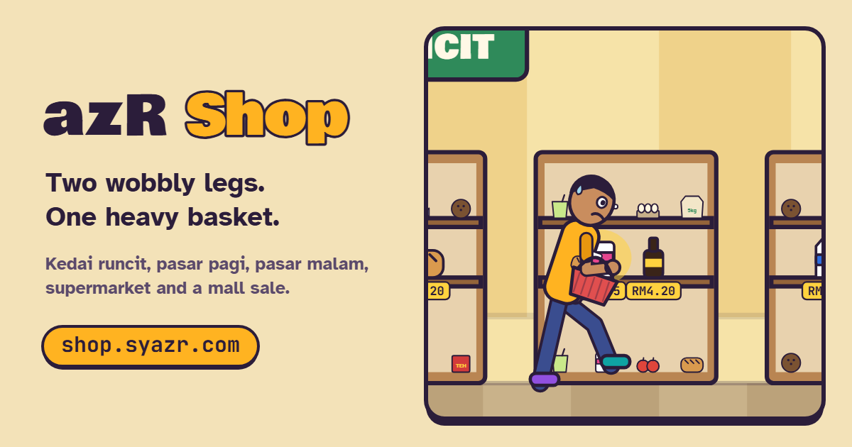A wobbly shopper with a basket walking past shop shelves